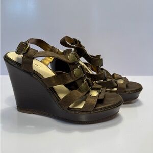 Coach Brown Leather Strappy Wedge Sandals with Brass Button Details